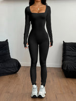 Square Neck Long Sleeve Active Jumpsuit - Ladyez