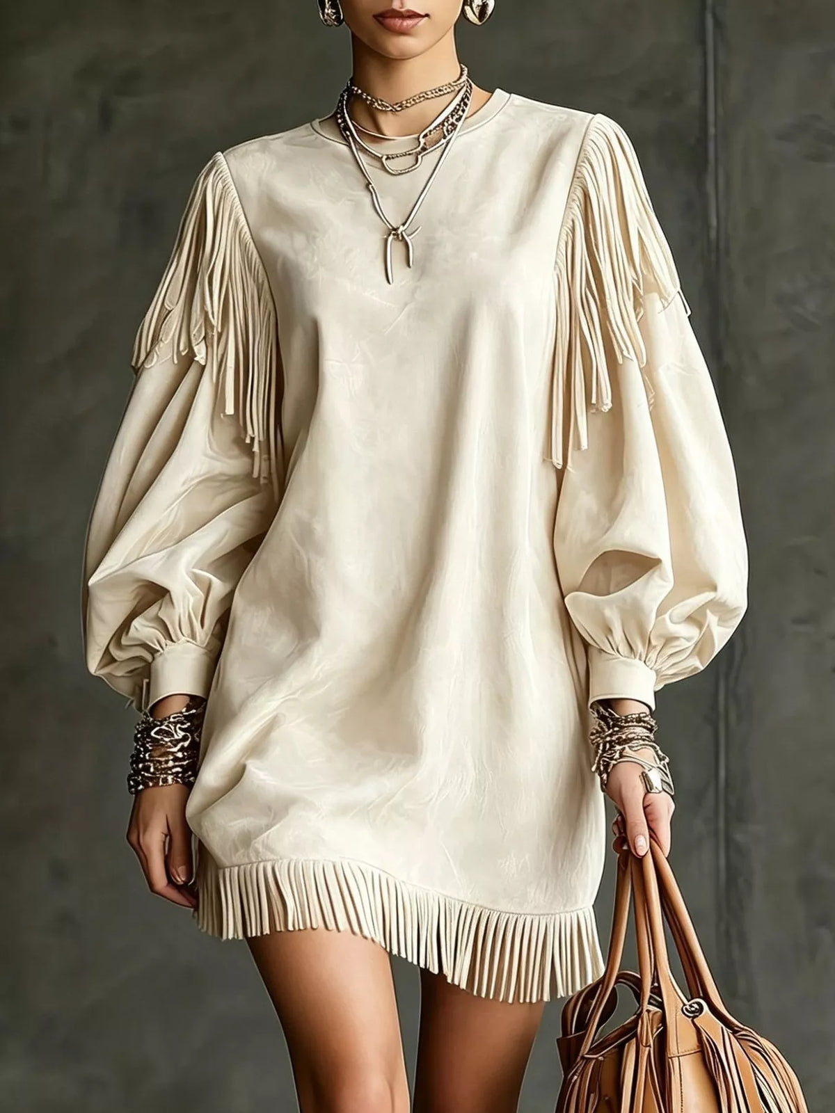 Fringe Detail Lantern Sleeve Mini Dress