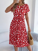 Heart Print Belted Pleated Midi Dress