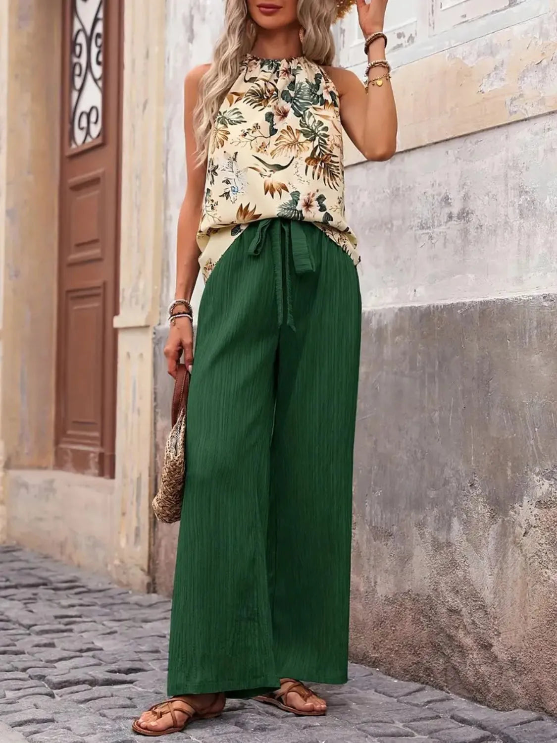 Printed Tank Top and Wide Leg Pants Set - Ladyez