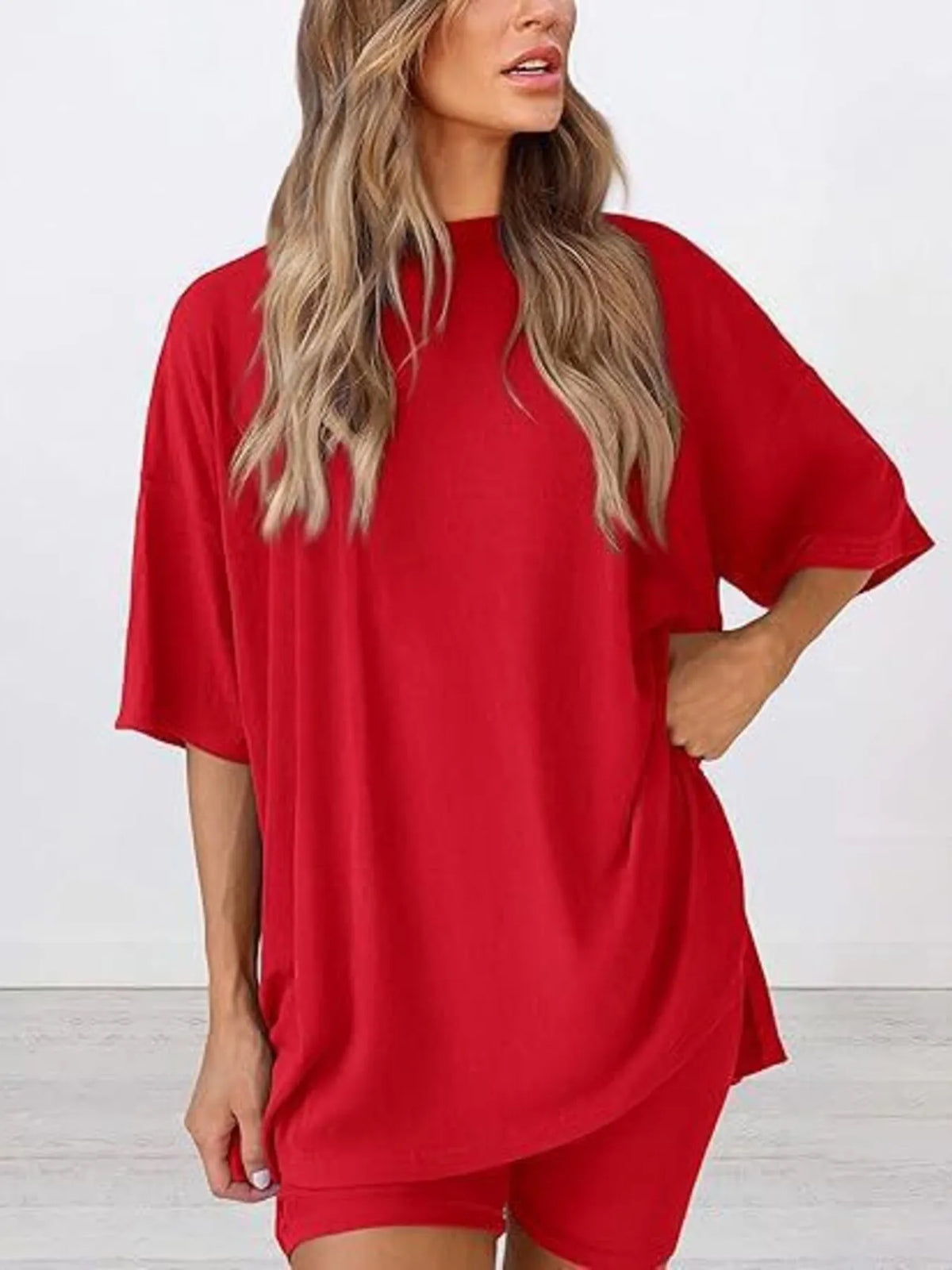 Full Size Oversized Slit Round Neck Top and Shorts Lounge Set Plus Size - Ladyez