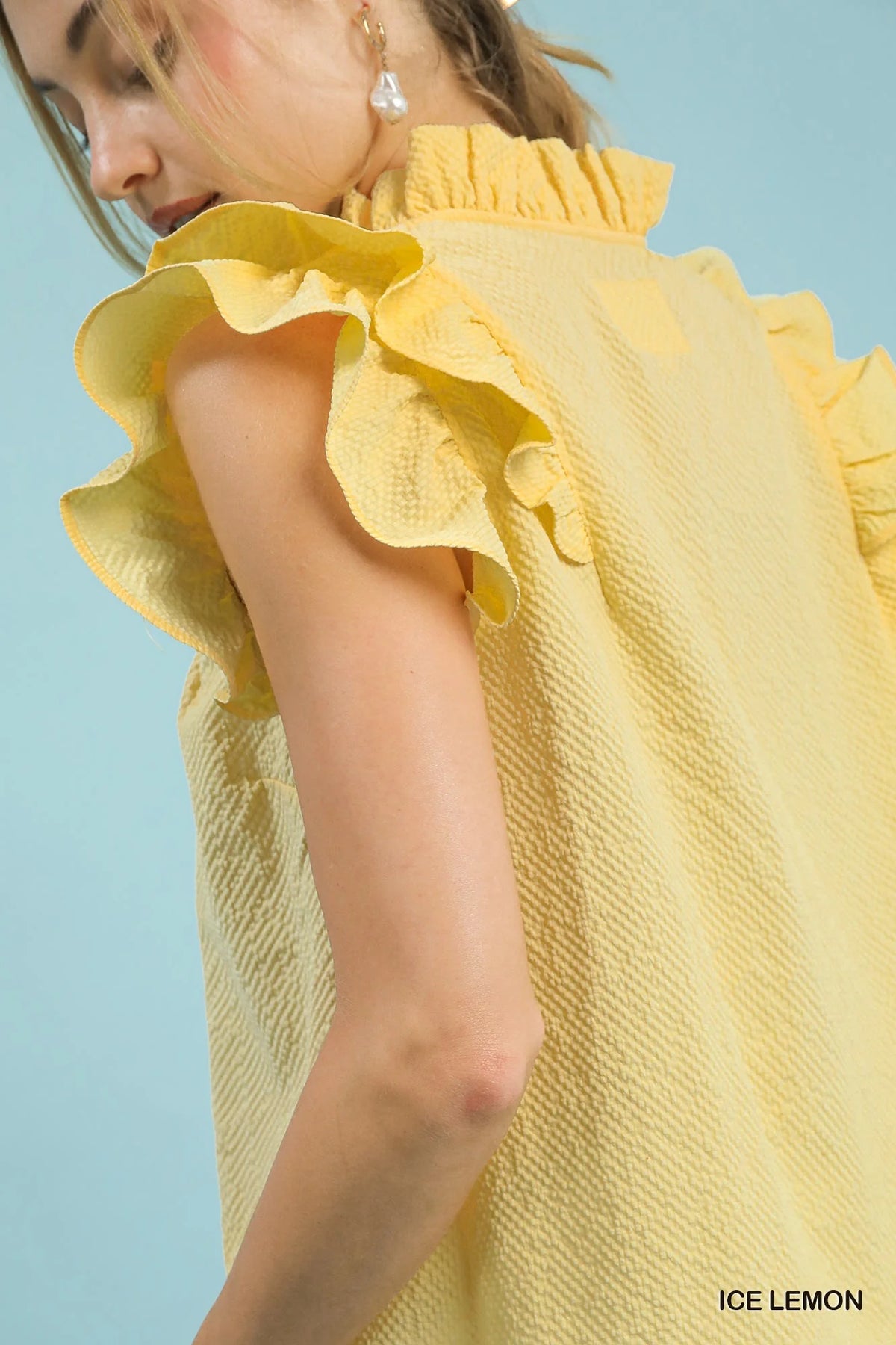 Umgee Textured Ruffle Sleeve V-Neck Blouse