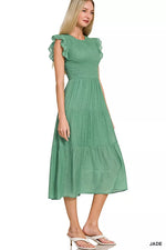 Zenana Woven Smocked Ruffle Sleeve Midi Dress