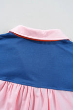 Color Block Half Buttoned Ruffled Short Sleeve T Shirt