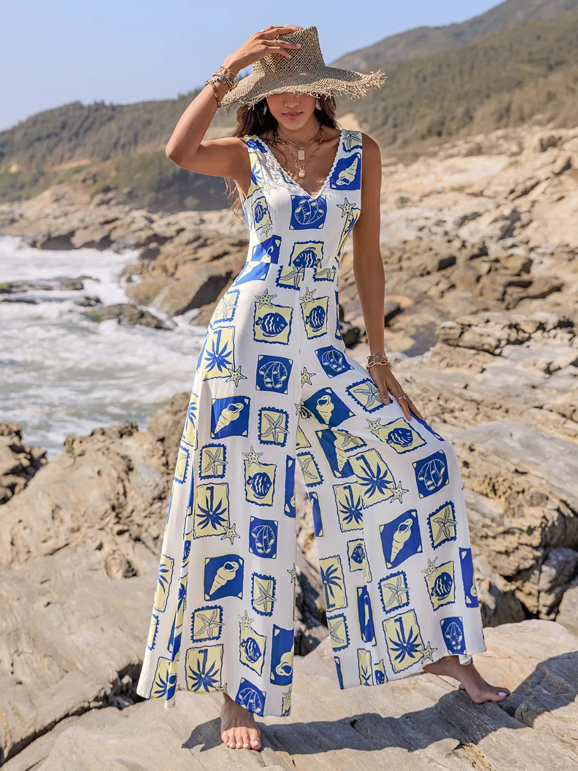 Printed V-Neck Wide Leg Jumpsuit - Ladyez
