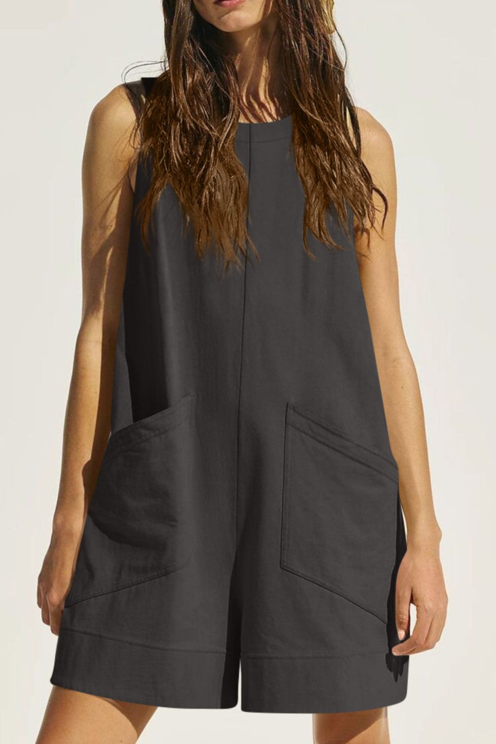 Lovelet Round Neck Sleeveless Romper with Pockets - Ladyez
