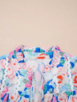 Floral Print Tie V Neck Contrast Detail Ruffle Short Sleeve Blouse