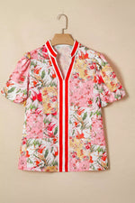 Contrast Collared V Neck Short Sleeve Floral Blouse