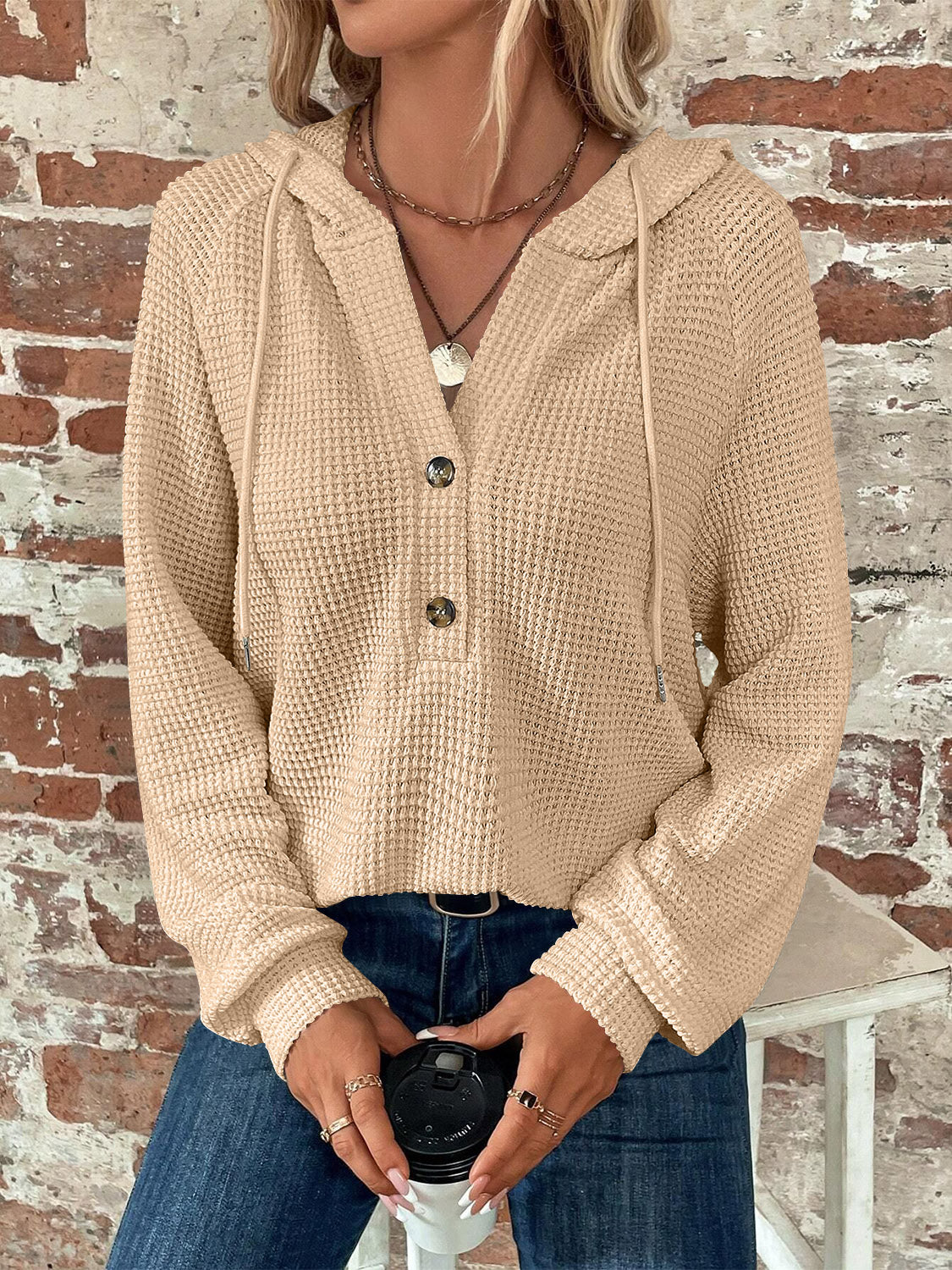 Waffle Knit Long Sleeve Drawstring Hooded Top - Ladyez