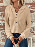 Waffle Knit Long Sleeve Drawstring Hooded Top - Ladyez
