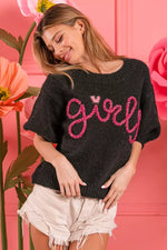 BiBi Metallic Letter Short Puff Sleeve Hairy Sweater