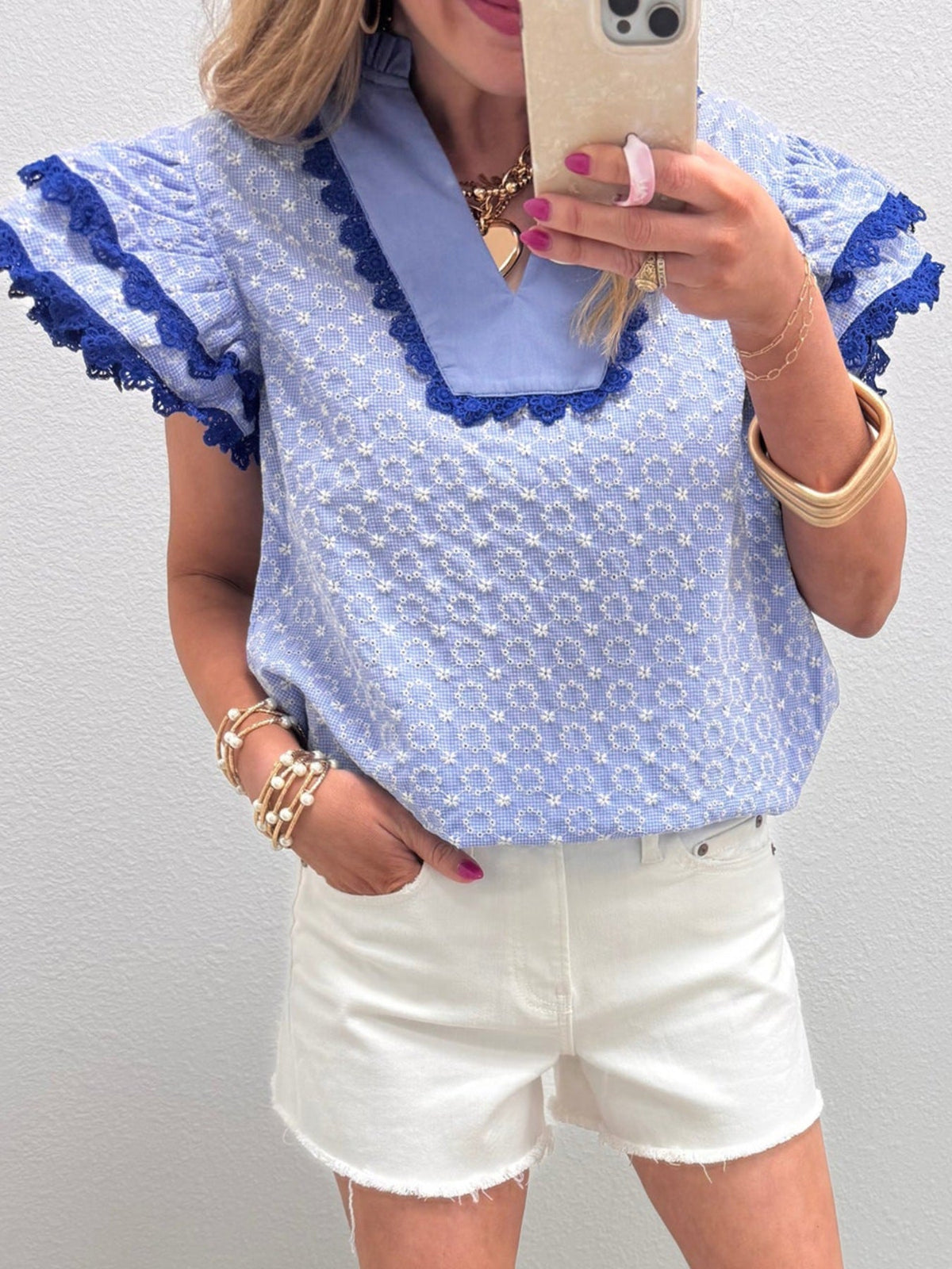 Eyelet Embroidered Flower Texture Contrast Lace Trim Flutter Sleeve Blouse