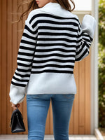 Striped Collared Neck Long Sleeve Sweater