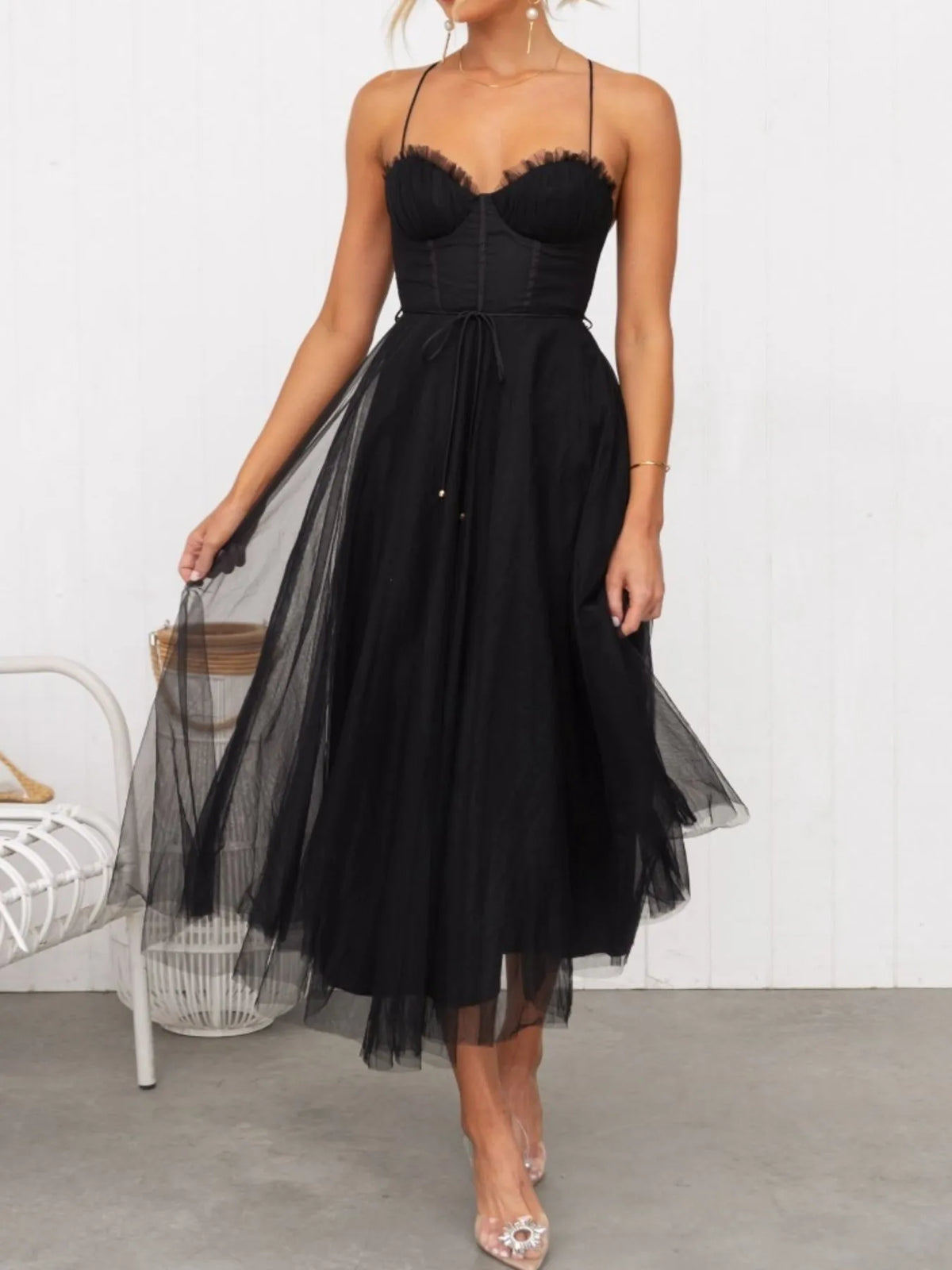 Sweetheart Neck Tulle Midi Dress - Ladyez