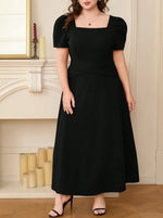 Plus Size Square Neck Puff Sleeve Midi Dress - Ladyez