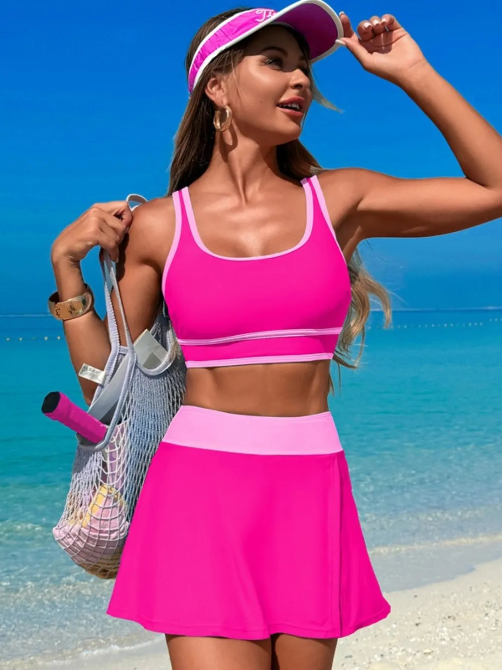 Scoop Neck Top and Skort Swim Set - Ladyez
