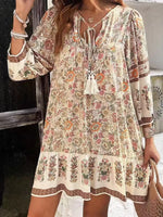 Floral Print Tassel Tie Neck Mini Dress