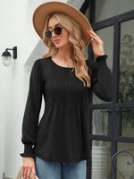 Smocked Round Neck Lantern Sleeve Blouse