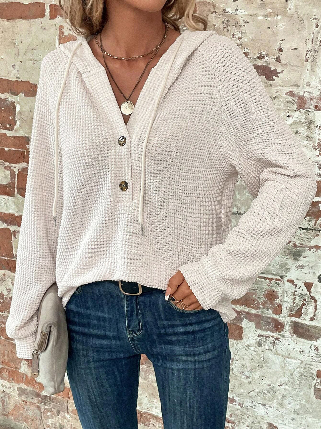 Waffle Knit Long Sleeve Drawstring Hooded Top - Ladyez