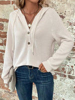Waffle Knit Long Sleeve Drawstring Hooded Top - Ladyez