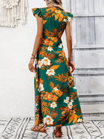 High-Low Printed Cap Sleeve Maxi Dress - Ladyez