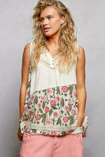 POL Lace Detail Floral V-Neck Tank