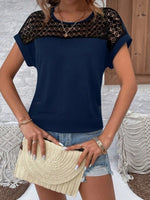 Lace Round Neck Short Sleeve T-Shirt - Ladyez