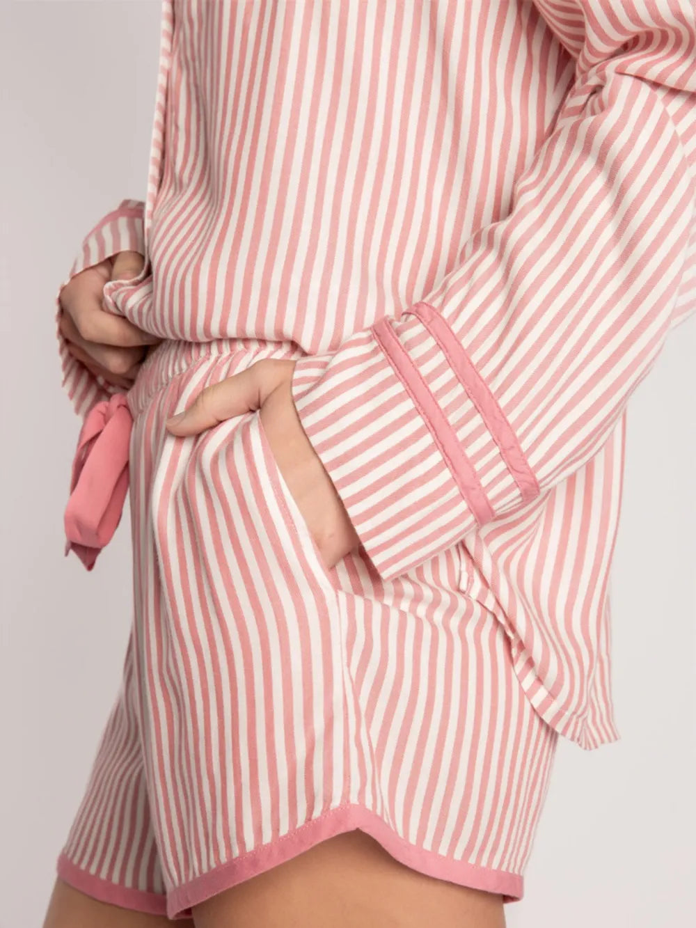 Striped Collared Neck Long Sleeve Top and Shorts Lounge Set - Ladyez