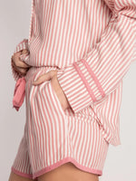 Striped Collared Neck Long Sleeve Top and Shorts Lounge Set - Ladyez