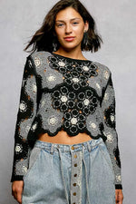POL Floral Weave Pattern Crochet Cropped Top with Beads Detail