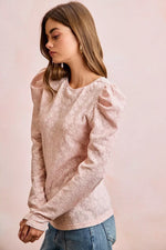 BiBi Textured Flower Knit Puff Shoulder Top