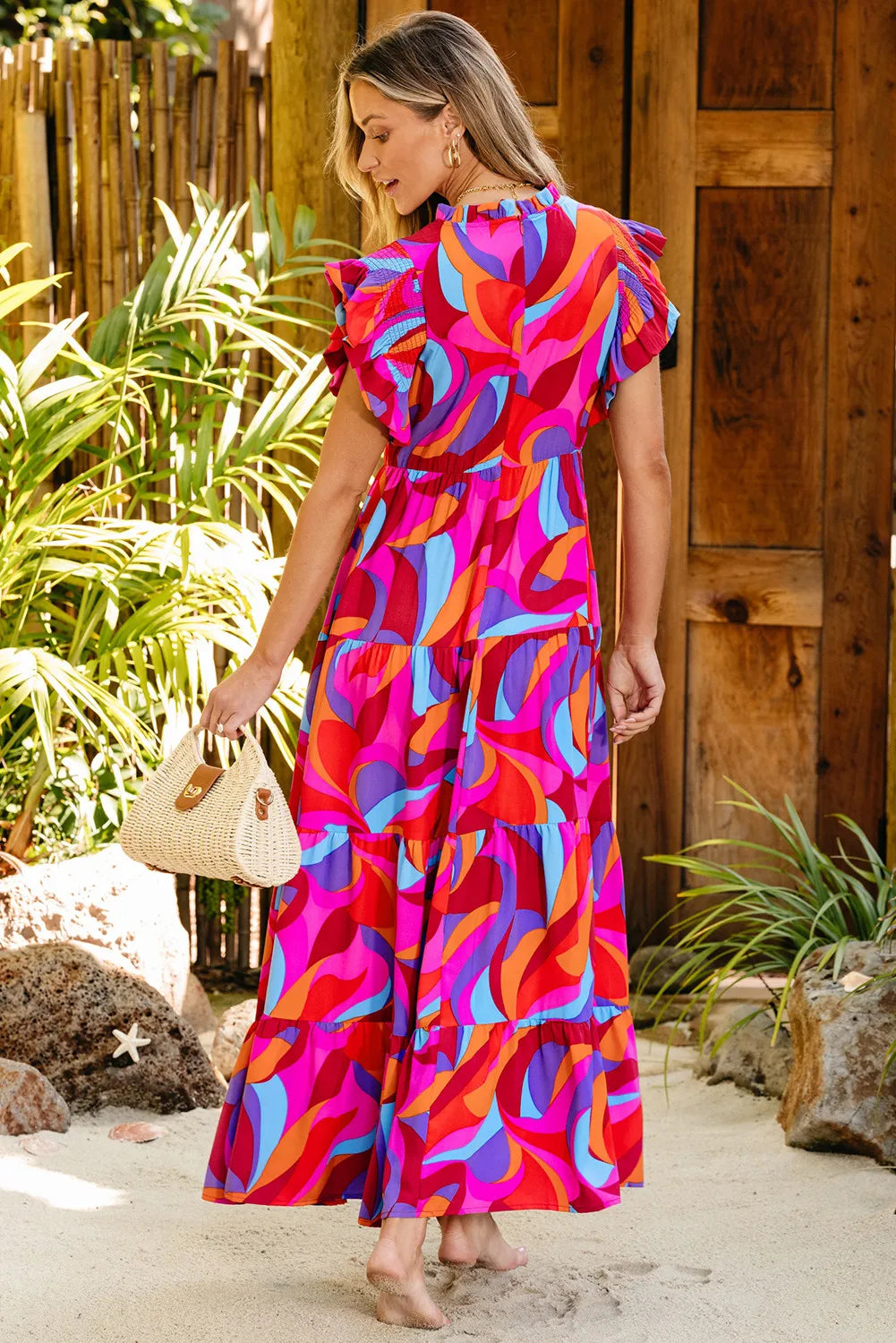 Full Size Printed Ruffled Mock Neck Tiered Dress - Ladyez