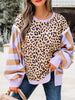 Stripe Color Block Patchwork Leopard Casual Sweatshirt with Slits