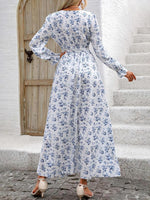Smocked Printed V-Neck Flounce Sleeve Dress - Ladyez