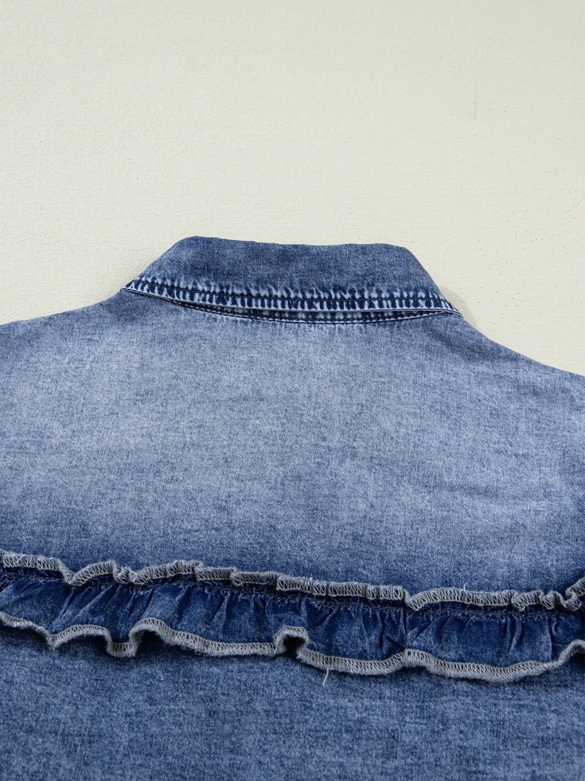 intage Wash Denim Ruffle Detail Button Down Shirt