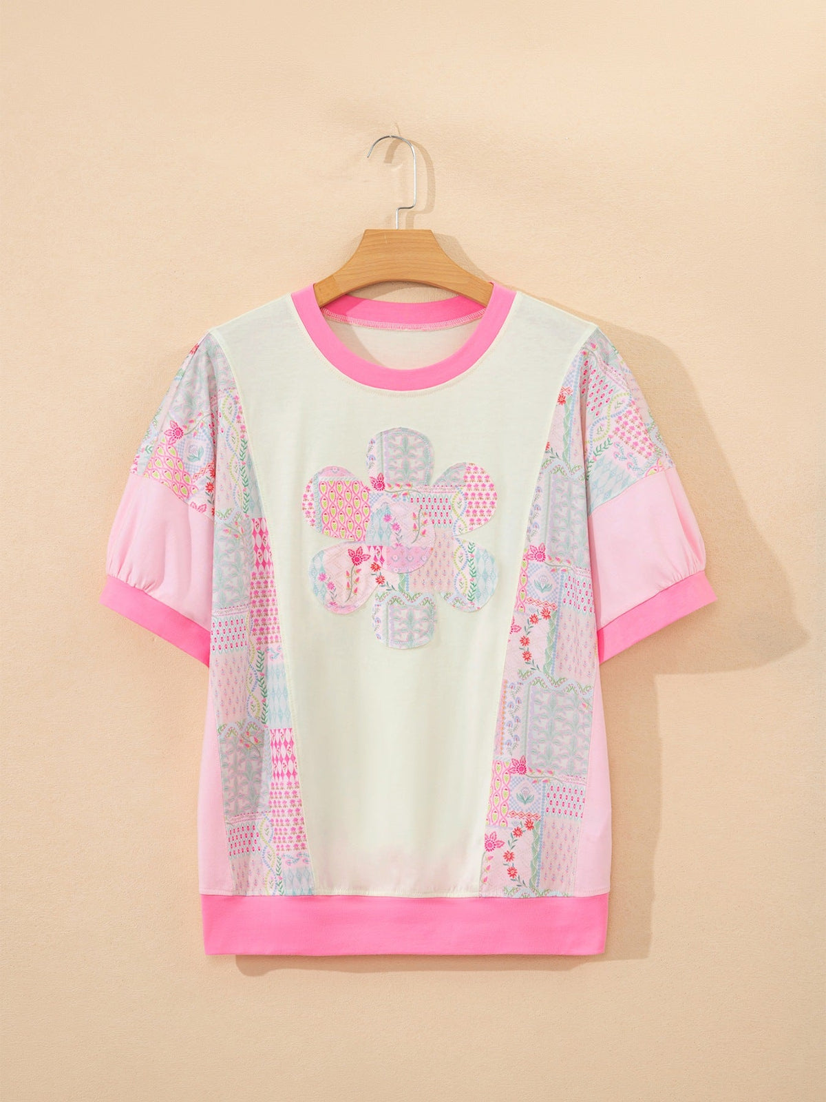 Color Block Floral Patchwork Big Flower Accent Relaxed Top