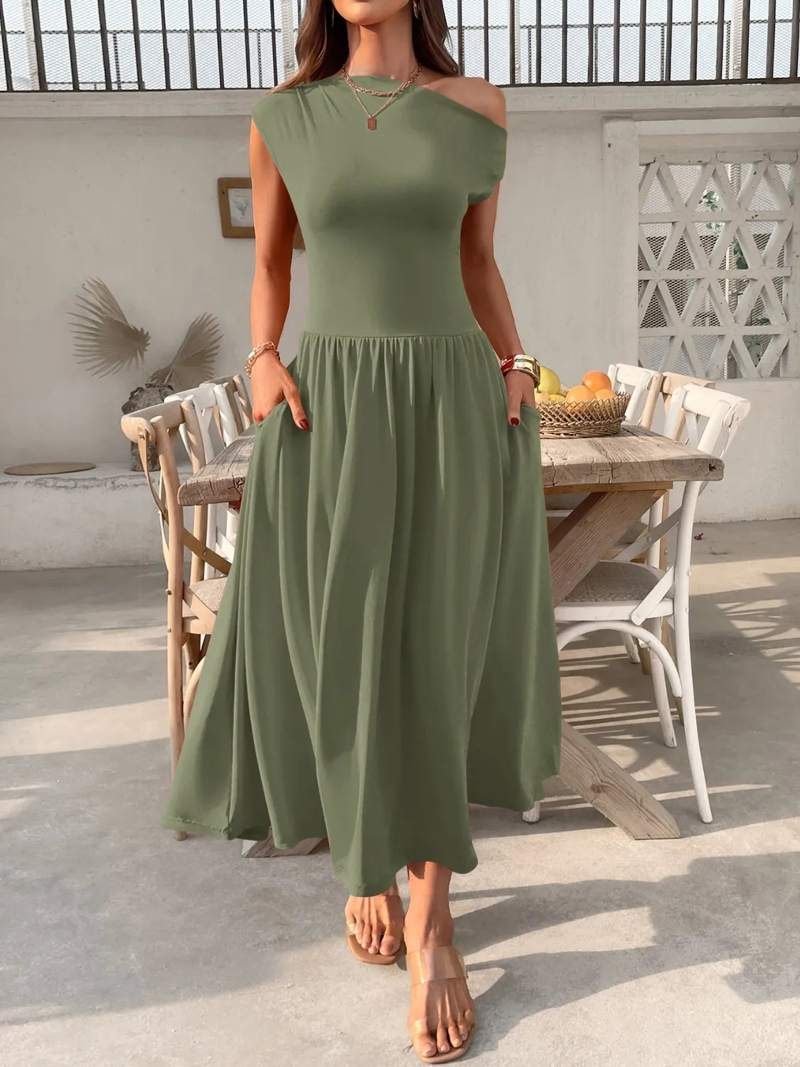 Single Shoulder Midi Dress with Pockets