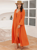 Plus Size Tie Neck Long Sleeve Slit Dress - Ladyez