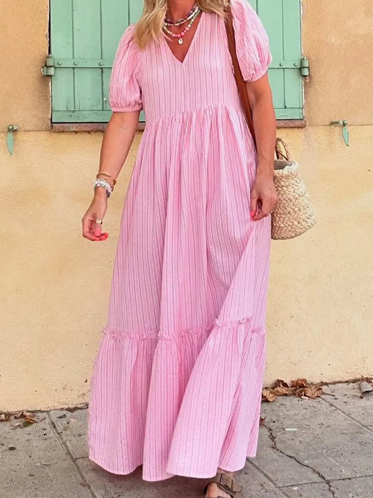 Striped Puff Sleeve V-Neck Maxi Dress - Ladyez