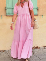 Striped Puff Sleeve V-Neck Maxi Dress - Ladyez