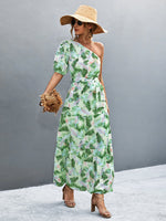 Printed Tie Waist One Shoulder Maxi Dress - Ladyez