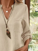 Casual Notched Roll-Up Sleeve Pocket Blouse