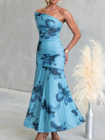 Floral Print One-Shoulder Ruched Maxi Dress
