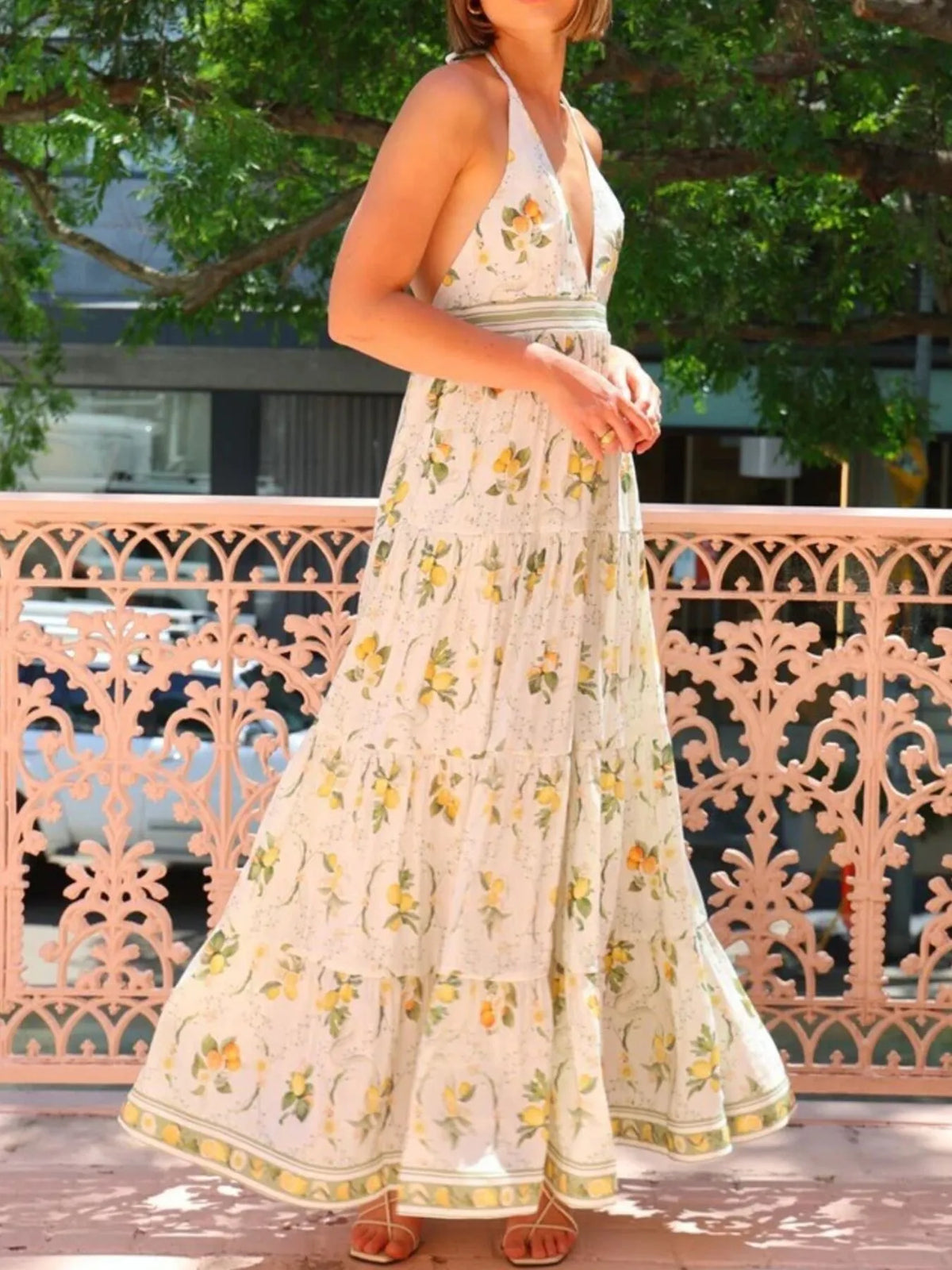 Printed Halter Neck Maxi Cami Dress - Ladyez