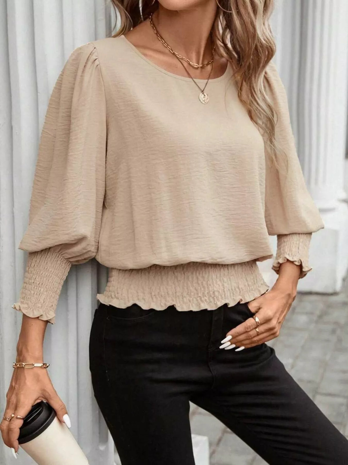Smocked Waist Round Neck Blouse