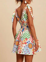 V-Neck Sleeveless Smocked Waist Printed Mini Dress