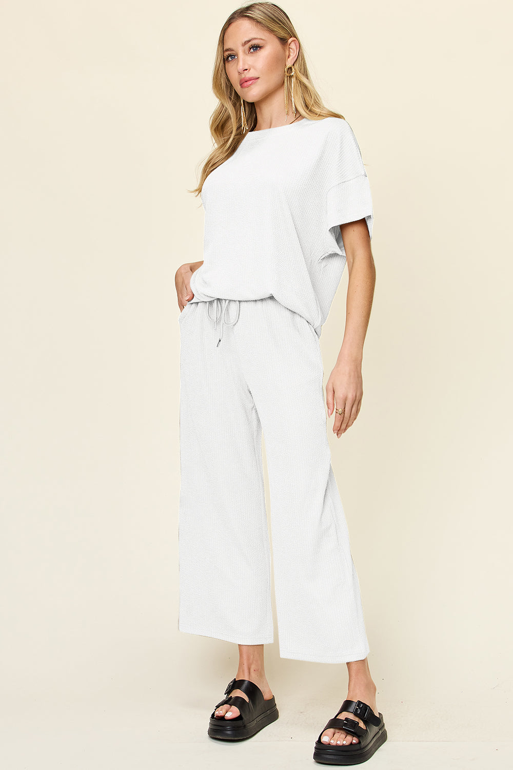Double Take Full Size Texture Round Neck Short Sleeve T-Shirt and Wide Leg Pants - Ladyez