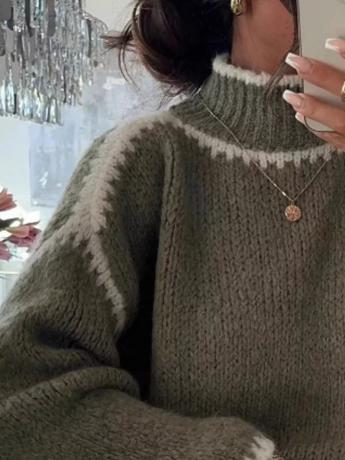 Contrast Trim Turtleneck Long Sleeve Sweater