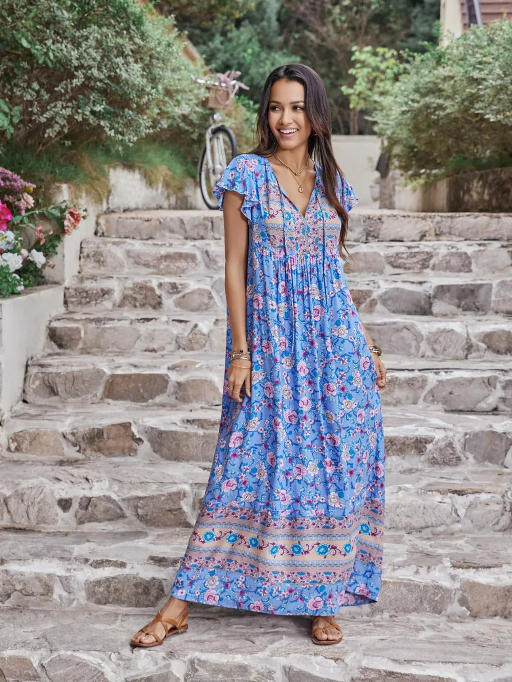 Ruffled Printed Tie Neck Cap Sleeve Dress - Ladyez