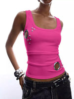 Ribbed Tank Top with Metal Grommet Cutouts and Stud Embellishments
